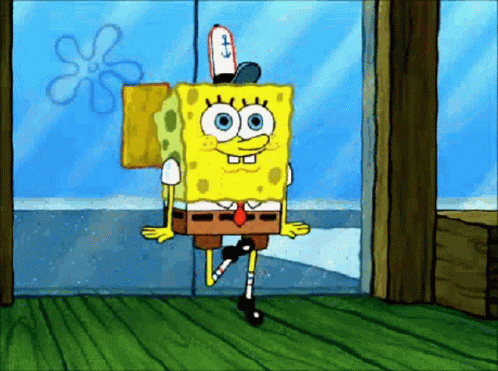 A Cartoon Of Spongebob With A Prosthetic Leg Standing In Front Of A Window GIF