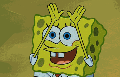 A Cartoon Of Spongebob With His Hands Up In The Air GIF