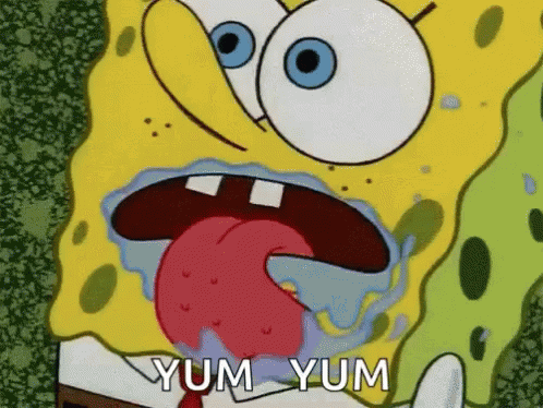 A Cartoon Of Spongebob With His Tongue Hanging Out And The Words Yum Yum GIF