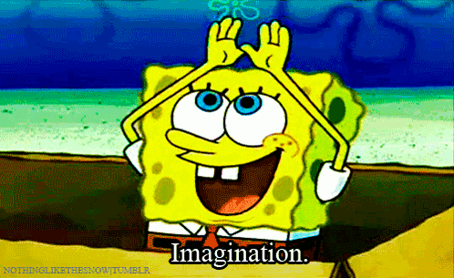A Cartoon Of Spongebob With The Word Imagination Written Below Him GIF