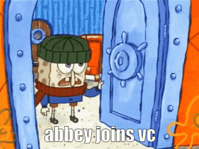A Cartoon Of Spongebob With The Words Abbey Joins Vc Written On The Bottom GIF