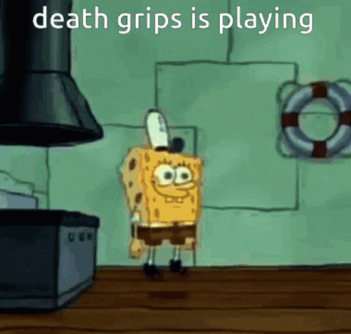 A Cartoon Of Spongebob With The Words Death Grips Is Playing On The Bottom GIF