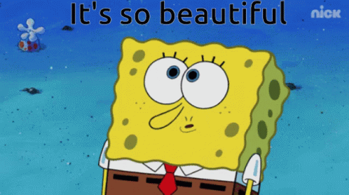A Cartoon Of Spongebob With The Words " It 'S So Beautiful " Above Him GIF