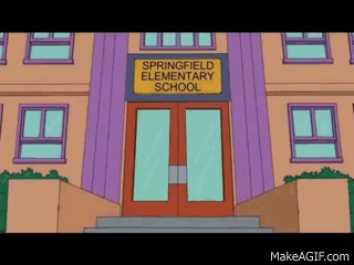 A Cartoon Of Springfield Elementary School With A Yellow Sign Above The Door GIF