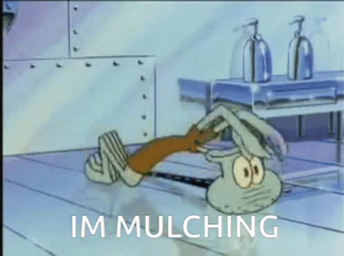 A Cartoon Of Squidward From Spongebob Squarepants Kneeling On The Floor With The Caption Im Mulching GIF
