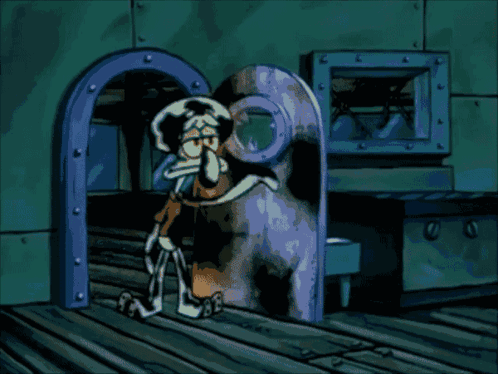 A Cartoon Of Squidward From Spongebob Squarepants Looking Out Of A Doorway GIF