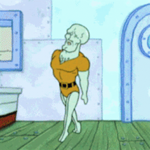 a cartoon of squidward from spongebob squarepants standing on a wooden floor