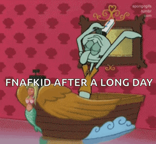 A Cartoon Of Squidward In A Boat With The Words Fnafkid After A Long Day GIF