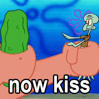 A Cartoon Of Squidward Sitting On Patrick 'S Finger With The Words Now Kiss Above Him GIF