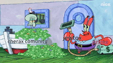 a cartoon of squidward standing next to a pile of money with the words cherax community written on the bottom