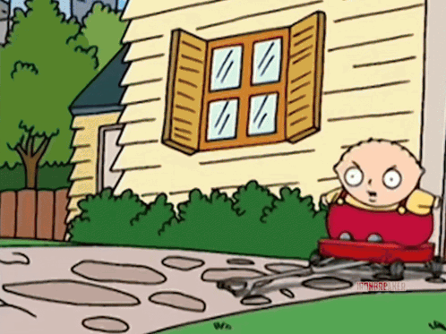 A Cartoon Of Stewie Griffin Driving A Red Toy Car GIF