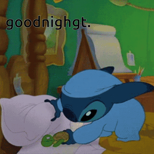 A Cartoon Of Stitch Laying In Bed With The Words Goodnight Above Him GIF