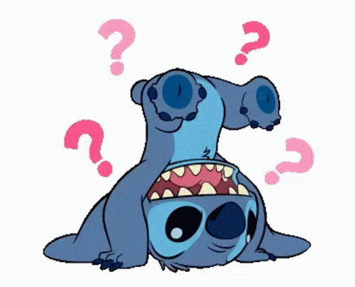 A Cartoon Of Stitch Laying Upside Down With Pink Question Marks Around Him GIF