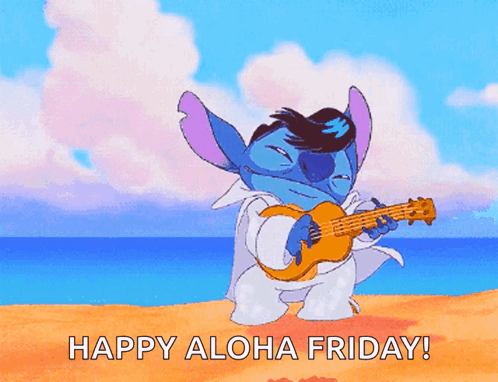 A Cartoon Of Stitch Playing A Guitar With The Words Happy Aloha Friday GIF