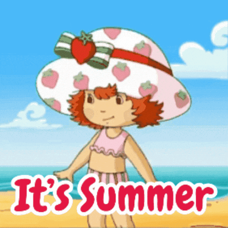 a cartoon of strawberry shortcake standing on a beach with the words it 's summer below her