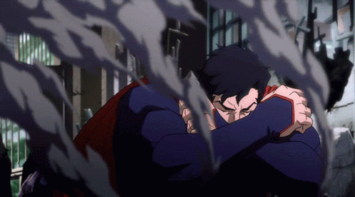 A Cartoon Of Superman Hugging Himself With Smoke Coming Out Of His Face GIF