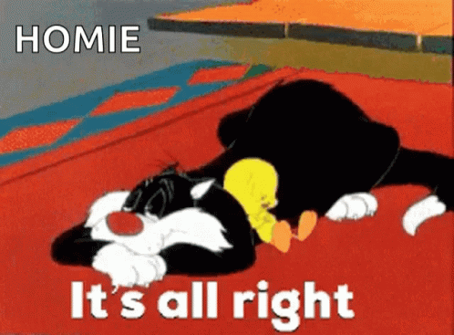 A Cartoon Of Sylvester And Tweety Laying On A Couch With The Caption " Homie It 'S All Right " GIF