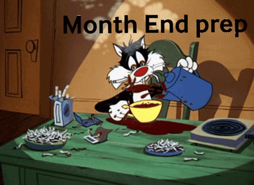 A Cartoon Of Sylvester The Cat Pouring Coffee Into A Cup With The Words Month End Prep Below Him GIF