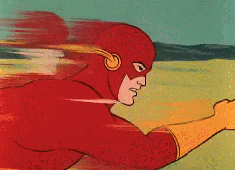A Cartoon Of The Flash Running In A Field With Mountains In The Background . GIF
