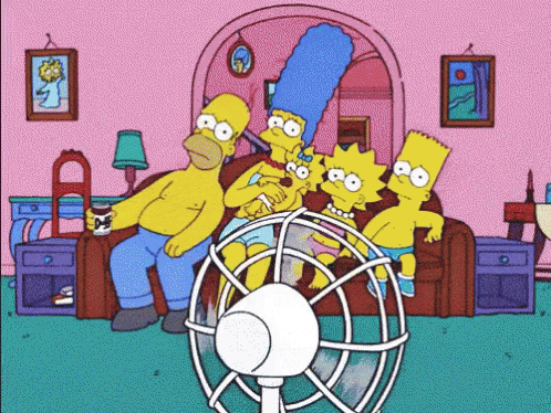 A Cartoon Of The Simpsons Sitting Around A Fan In A Living Room GIF