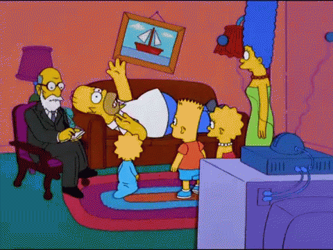 A Cartoon Of The Simpsons Sitting In A Living Room With A Picture Of A Sailboat On The Wall GIF
