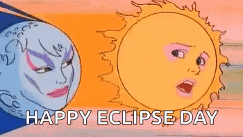 A Cartoon Of The Sun And Moon With Their Faces Painted On Them And The Words `` Happy Eclipse Day '' . GIF