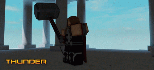 a cartoon of thor holding a hammer with the word thunder above him