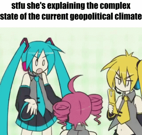 A Cartoon Of Three Anime Characters Standing Next To Each Other And Explaining The Complex State Of The Current Geopolit GIF