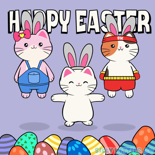 A Cartoon Of Three Cats And A Bunny With The Words Happy Easter Written Above Them GIF