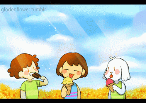 A Cartoon Of Three Children Eating Ice Cream With The Website Glodenflower.tumblr In The Upper Right Corner GIF