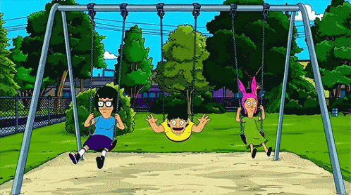 A Cartoon Of Three Children Swinging On A Swing Set In A Park . GIF