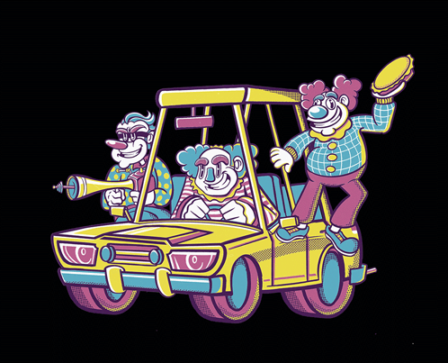 A Cartoon Of Three Clowns In A Car GIF