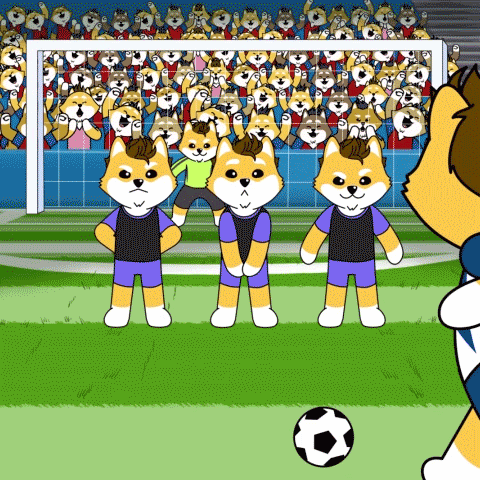 a cartoon of three dogs on a soccer field with a crowd behind them