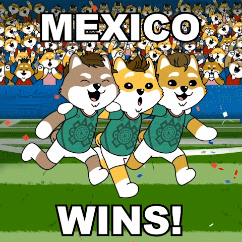 a cartoon of three dogs running in front of a crowd that says ' mexico wins '