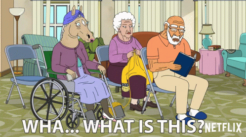 A Cartoon Of Three Elderly People Sitting In Chairs With The Caption " Wha What Is This " GIF