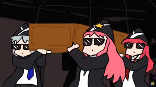 A Cartoon Of Three Girls Carrying A Coffin With A Star On It GIF