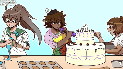 A Cartoon Of Three Girls Decorating A Cake With The Words Animal Crossing On The Bottom Right Corner GIF