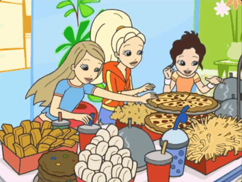 A Cartoon Of Three Girls Standing Around A Table With Pizza French Fries And Drinks GIF