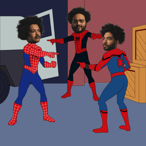 A Cartoon Of Three Men Dressed As Spider-Man Pointing At Each Other GIF