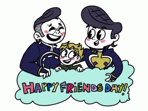 A Cartoon Of Three Men Hugging A Child And The Words Happy Friends Day GIF