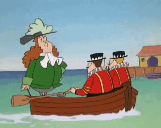 A Cartoon Of Three Men In A Boat . GIF