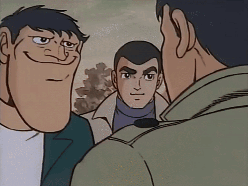 A Cartoon Of Three Men Talking To Each Other With One Making A Funny Face GIF