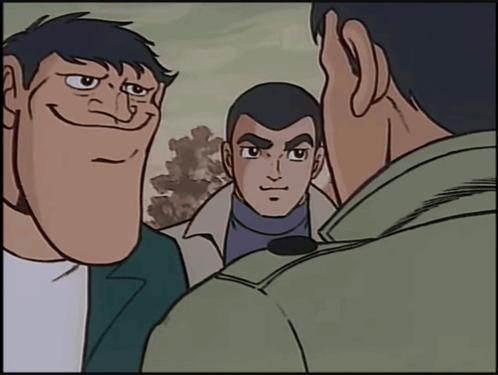 A Cartoon Of Three Men Talking To Each Other With One Making A Funny Face GIF