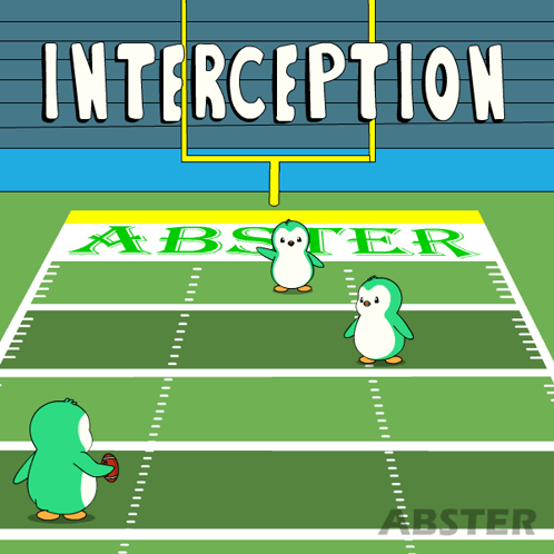 A Cartoon Of Three Penguins On A Football Field With The Word Interception Above Them GIF