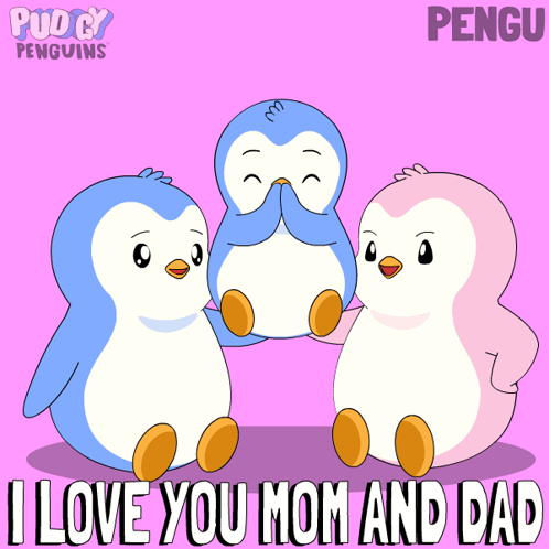 A Cartoon Of Three Penguins With The Words I Love You Mom And Dad Underneath Them GIF