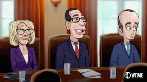 A Cartoon Of Three People Sitting Around A Table With Showtime Written On The Bottom GIF