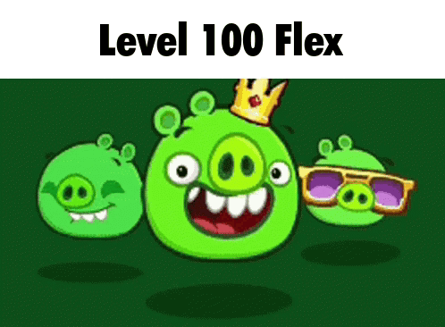 A Cartoon Of Three Pigs With The Words Level 100 Flex On The Bottom GIF