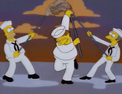 A Cartoon Of Three Sailors Holding Mop Sticks In Their Hands GIF