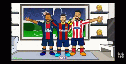 A Cartoon Of Three Soccer Players With One Wearing A Jersey That Says Roku GIF