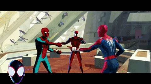 A Cartoon Of Three Spider-Men Standing Next To Each Other GIF